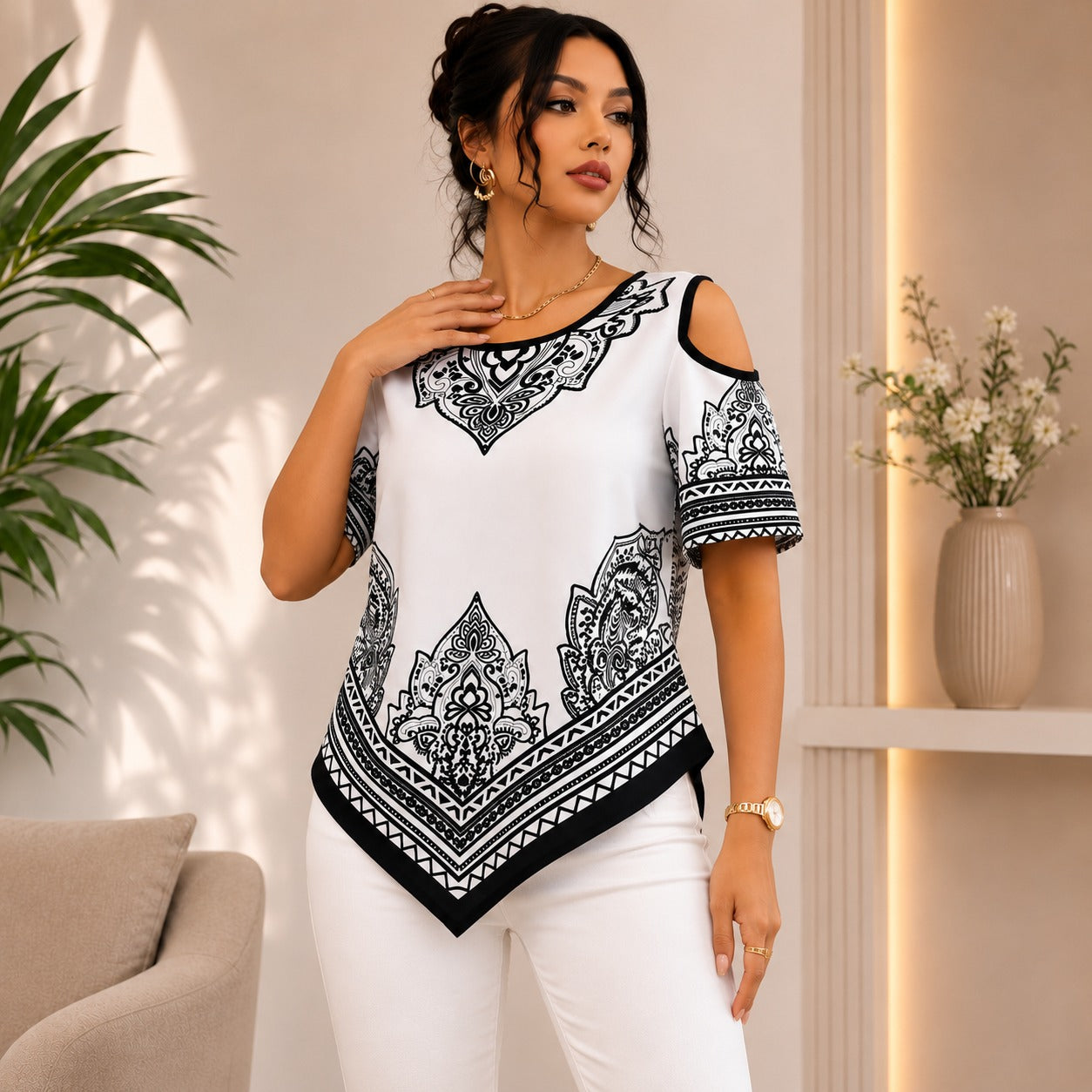 Calisse™ Blouse with Cold-Shoulder Design, Ornamental Print and Asymmetrical Hem