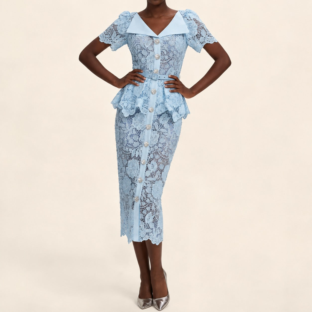 Marivelle™ Dress with Floral Lace, Peplum and Ornamental Buttons