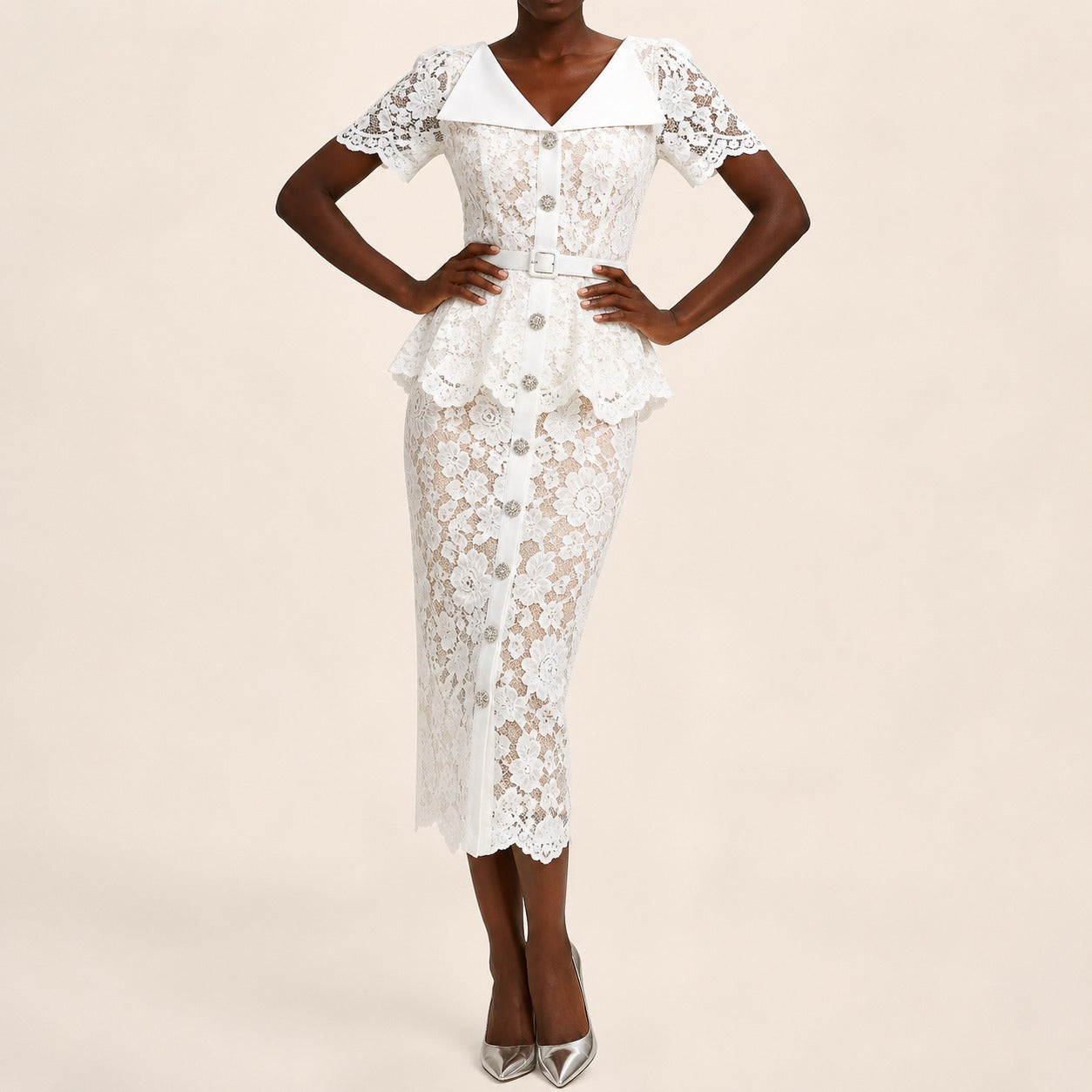 Marivelle™ Dress with Floral Lace, Peplum and Ornamental Buttons