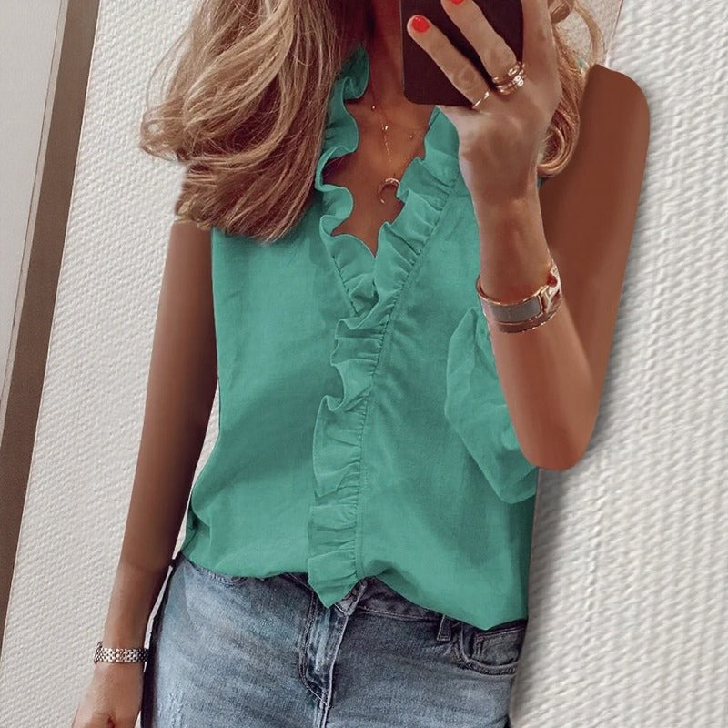 Violette™ Premium Chiffon Sleeveless Blouse With Front Ruffles And Relaxed Fit