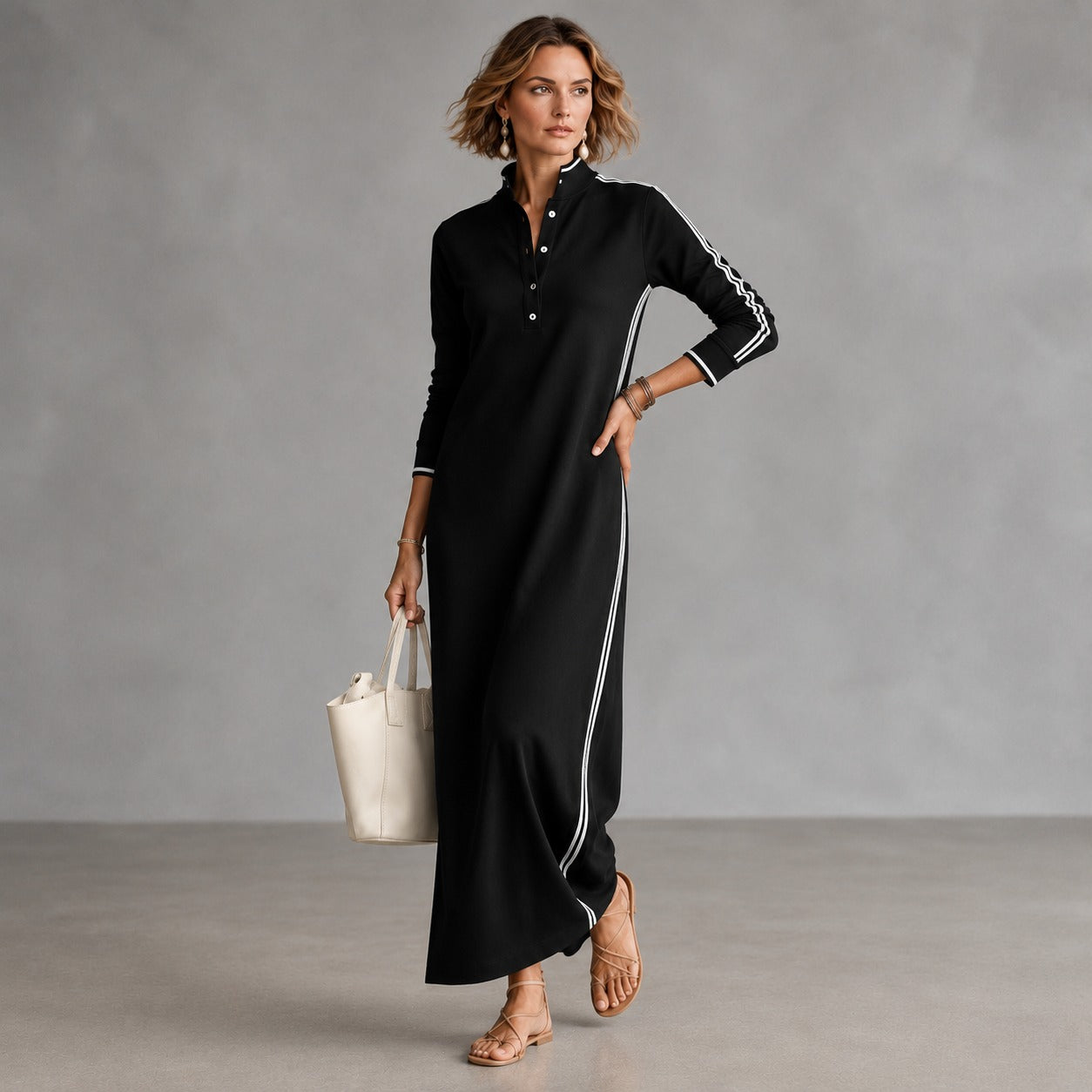 Noriele™ Polo Maxi Dress with Side Stripes and Relaxed Silhouette