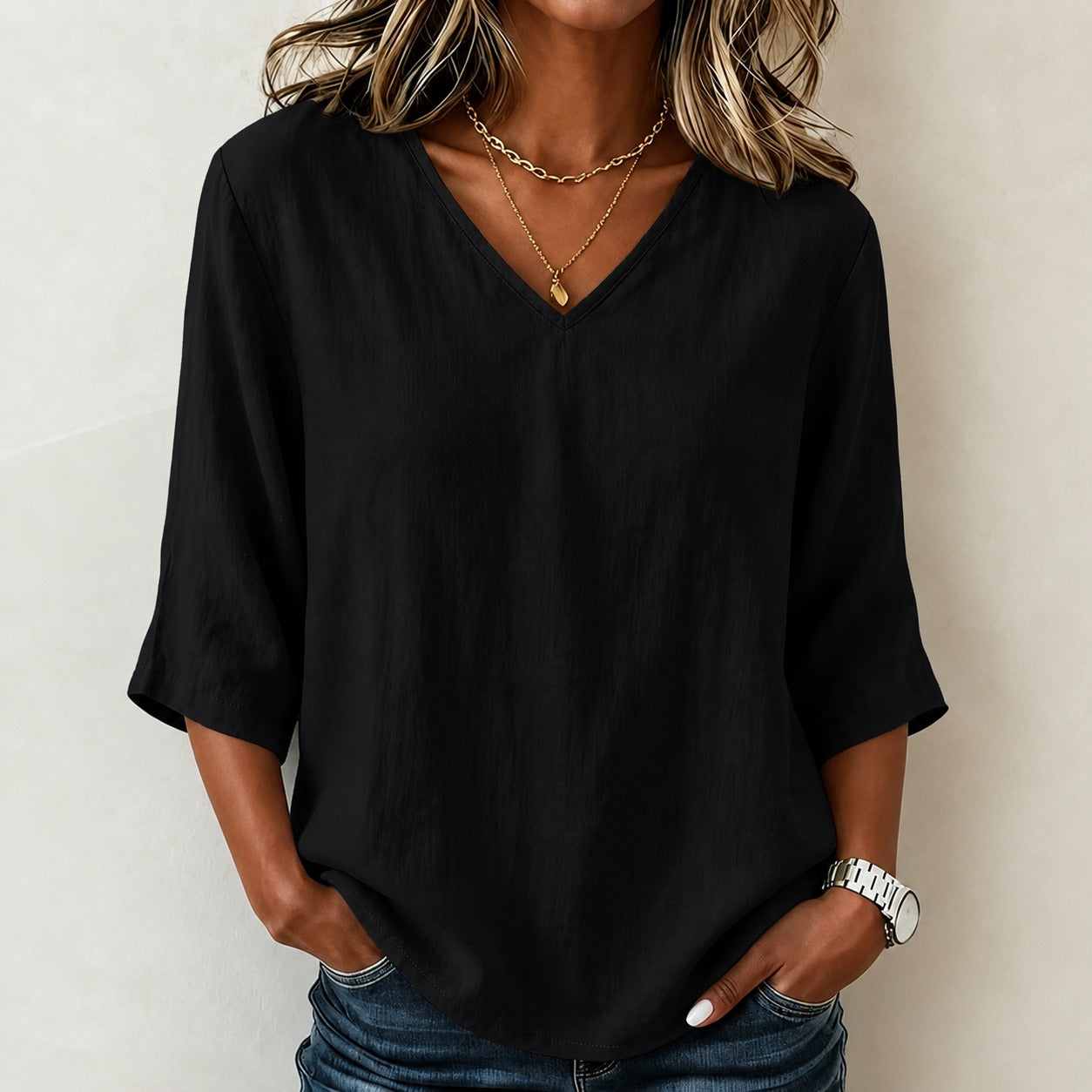 Blouse Abigail™ Cotton Linen with V-Neck and Three-Quarter Sleeves