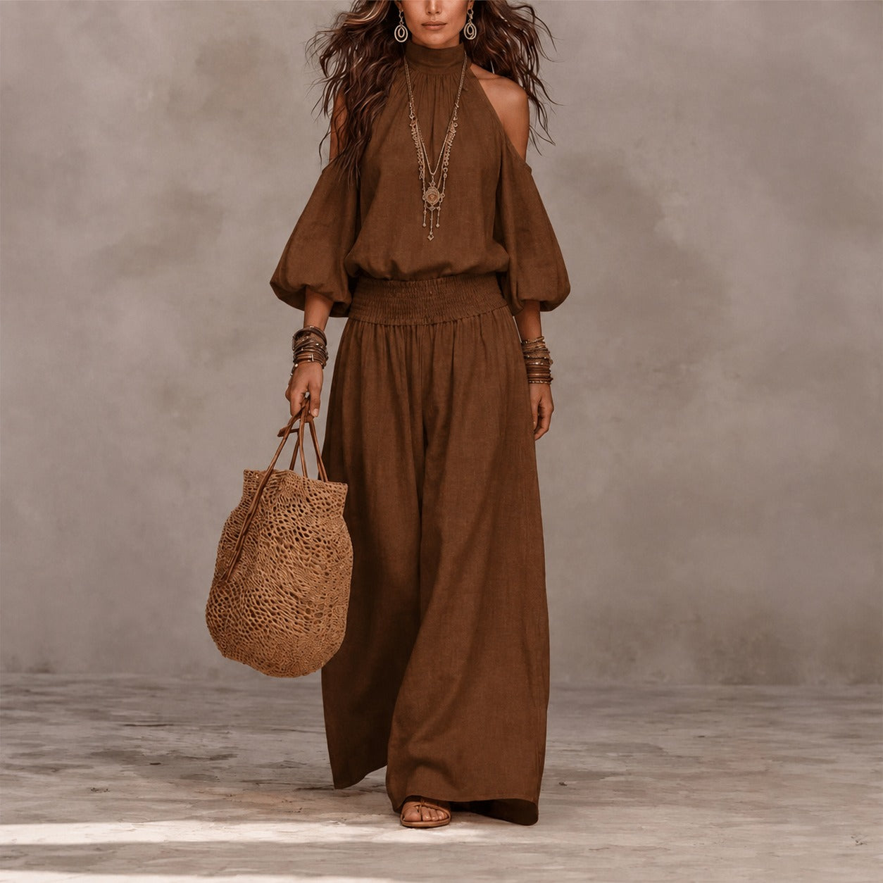 Set Oceane™ with Cold-Shoulder Top and Smocked Wide-Leg Pants.