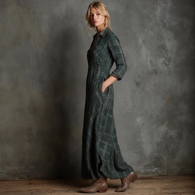 Valdine™ Long-Sleeve Plaid Maxi Dress with Front Buttons