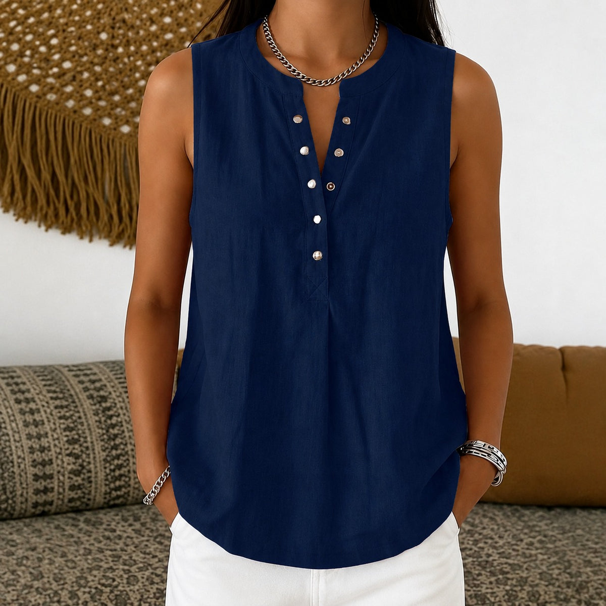 Blouse Emily™ Cotton-Linen with Round Neckline, Button-Front Detail and Sleeveless Cut
