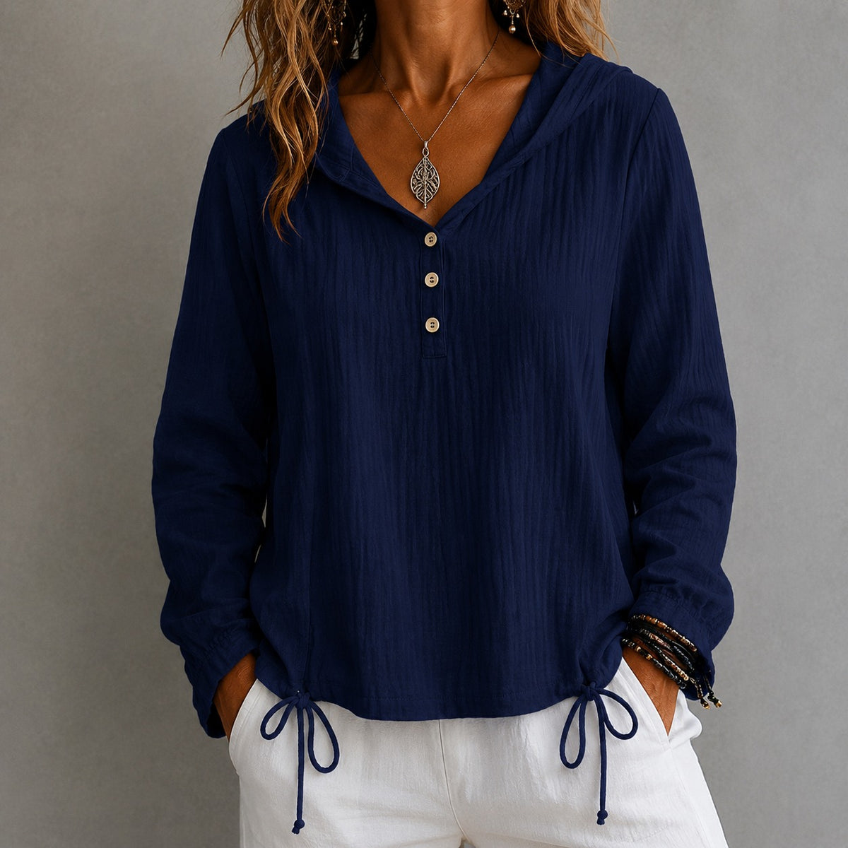 Blouse Danielle™ with Hood, Button-Front and Drawstring Hem
