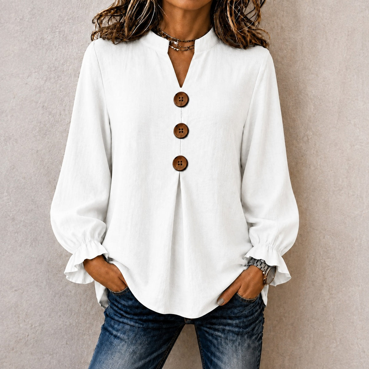 Blouse Molly™ in Linen-Cotton with Mandarin Collar, Button-Front and Ruffled Cuffs