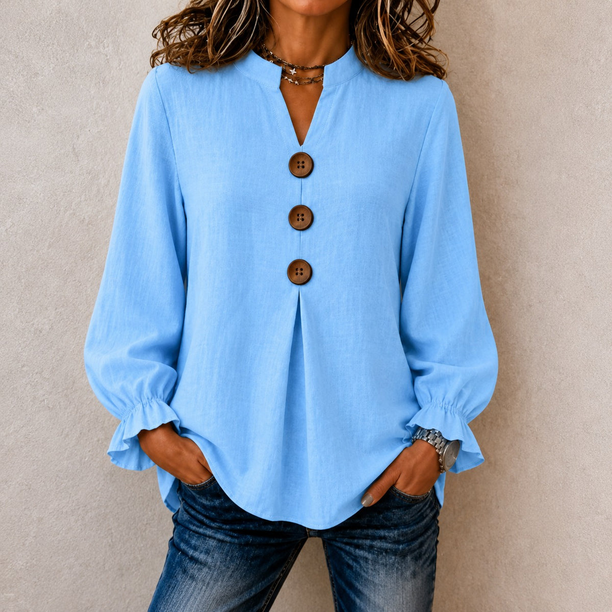 Blouse Molly™ in Linen-Cotton with Mandarin Collar, Button-Front and Ruffled Cuffs