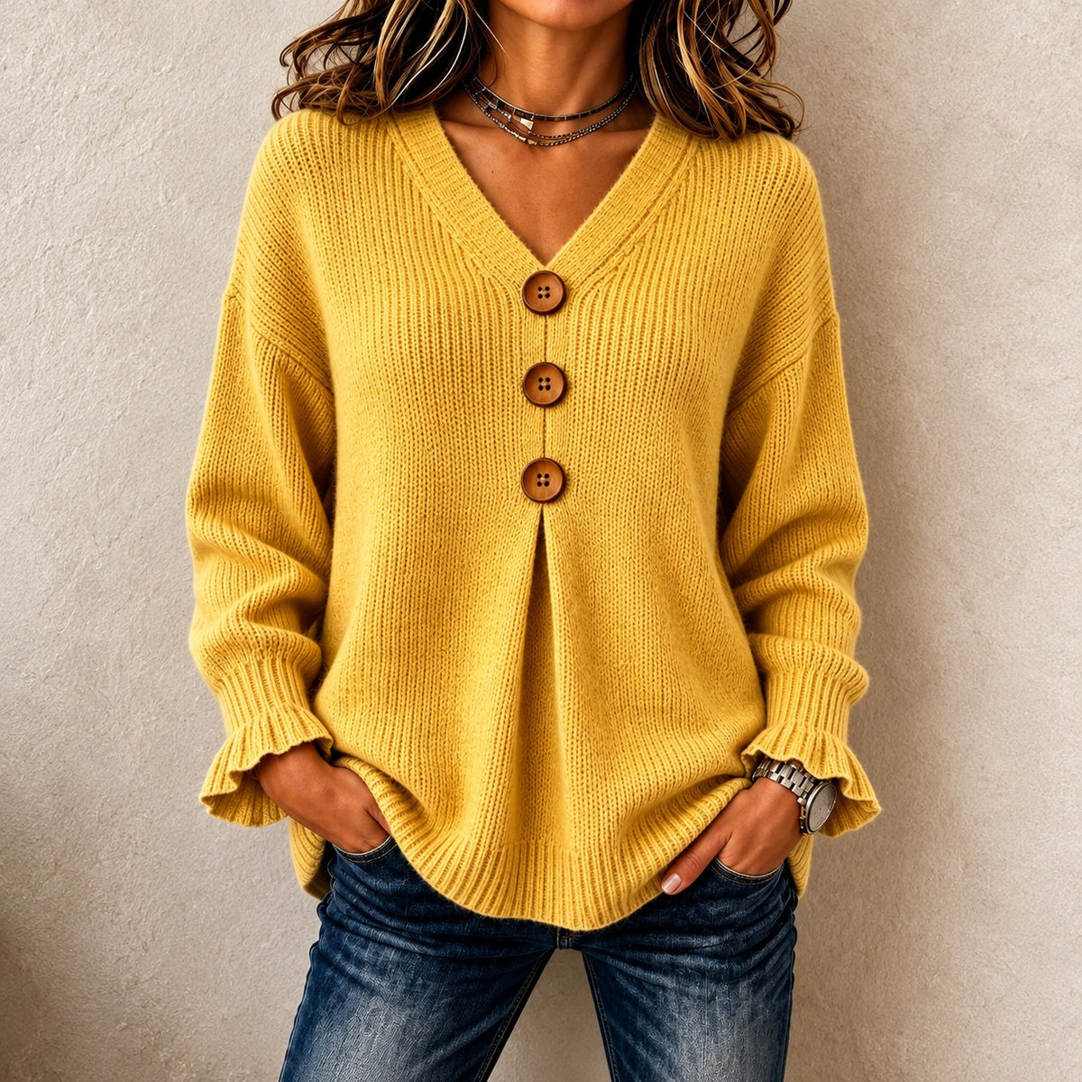 Blouse Rose™ with Textured Knit, V-Neck, Statement Buttons and Relaxed Fit