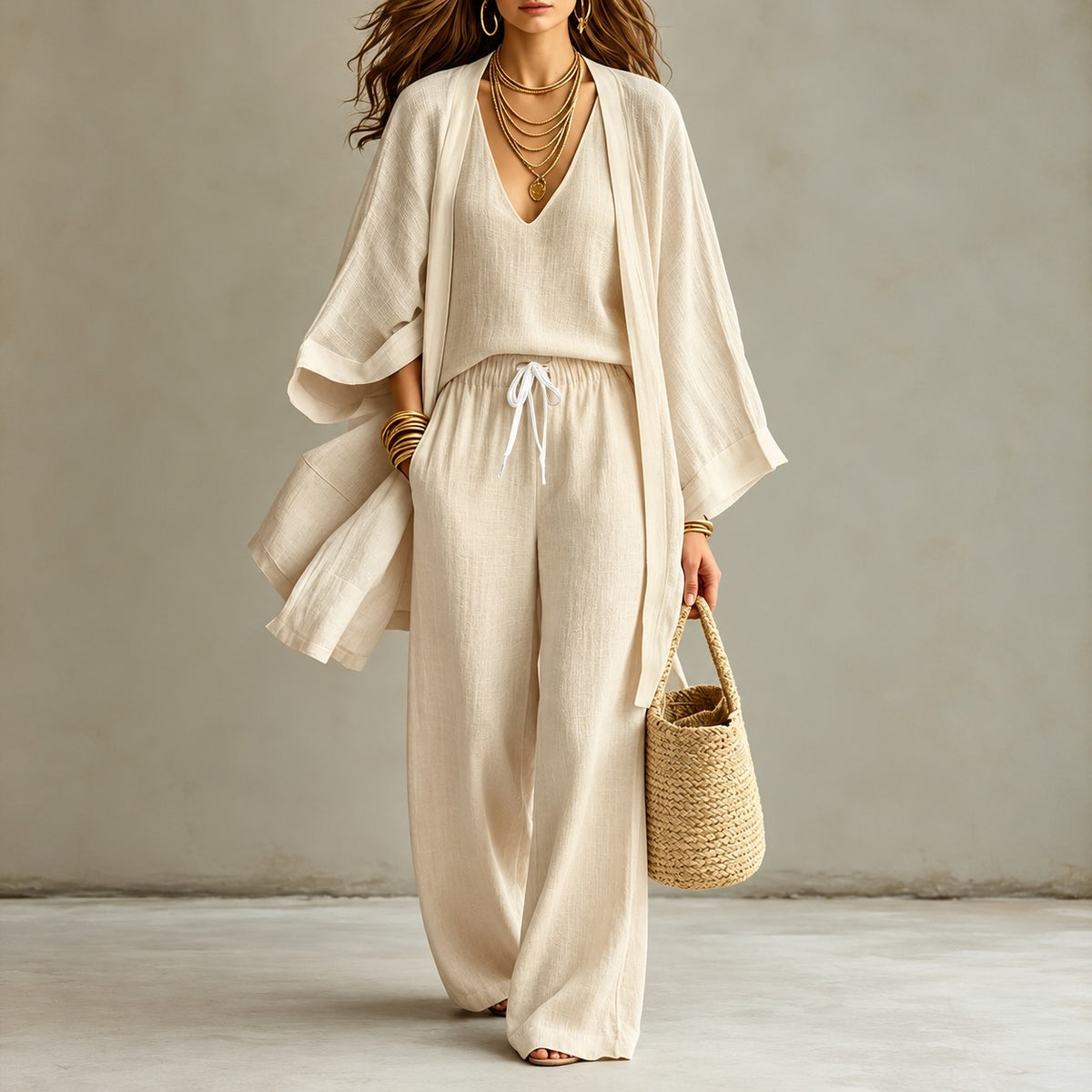 Mirelia™ 3-Piece Set with V-Neck Tank Top, Wide-Leg Pants and Long Kimono