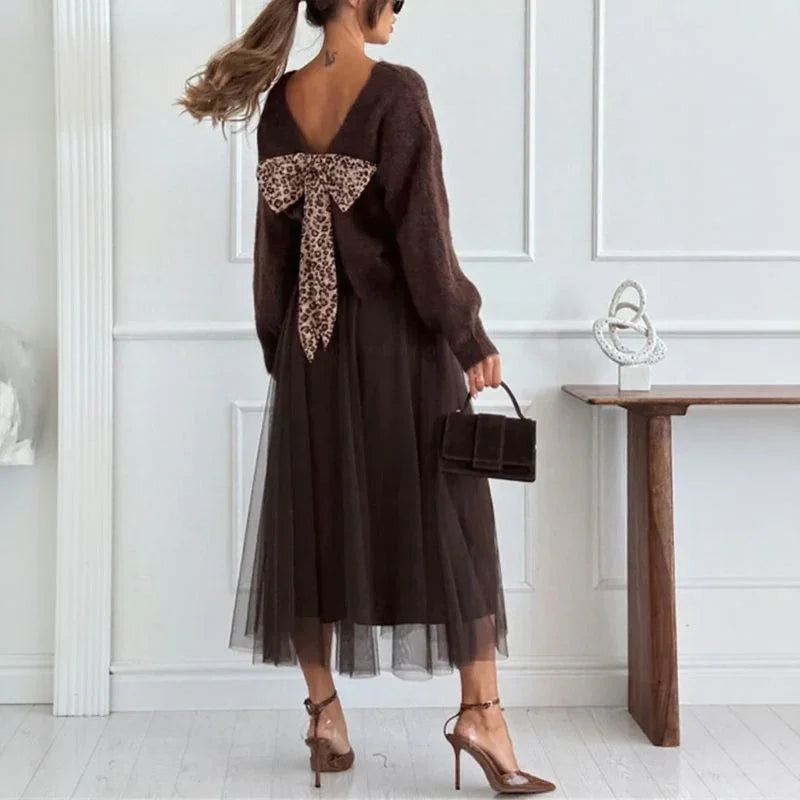 Noémie™ Set with Soft Knit Blouse and Animal Print Bow on the Back / Cozy Elegance with Surprising Charm!
