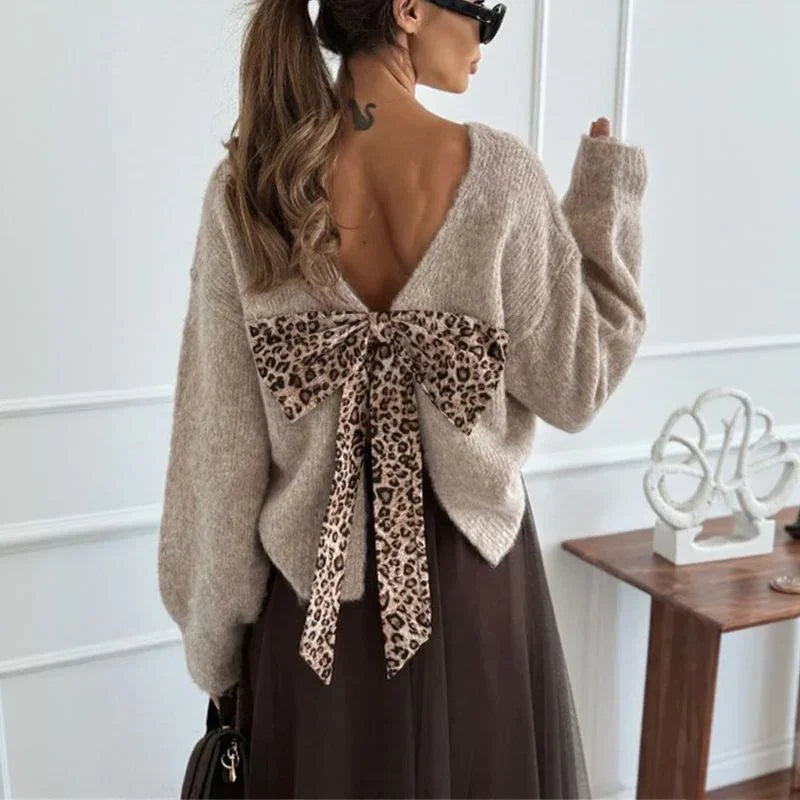 Noémie™ Set with Soft Knit Blouse and Animal Print Bow on the Back / Cozy Elegance with Surprising Charm!
