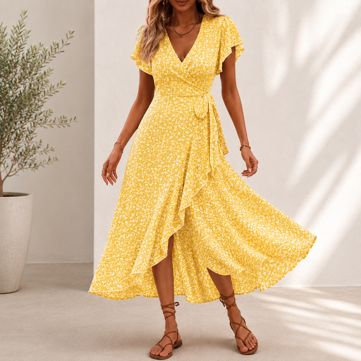 Midi Roselyn™ Dress with Floral Print, Wrap A-Line Skirt and V-Neck