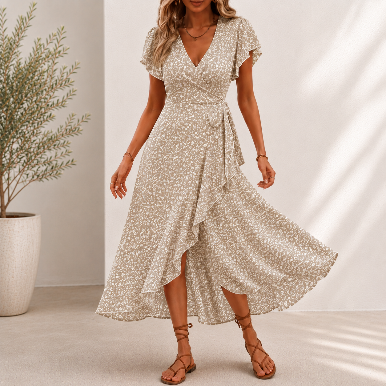 Midi Roselyn™ Dress with Floral Print, Wrap A-Line Skirt and V-Neck