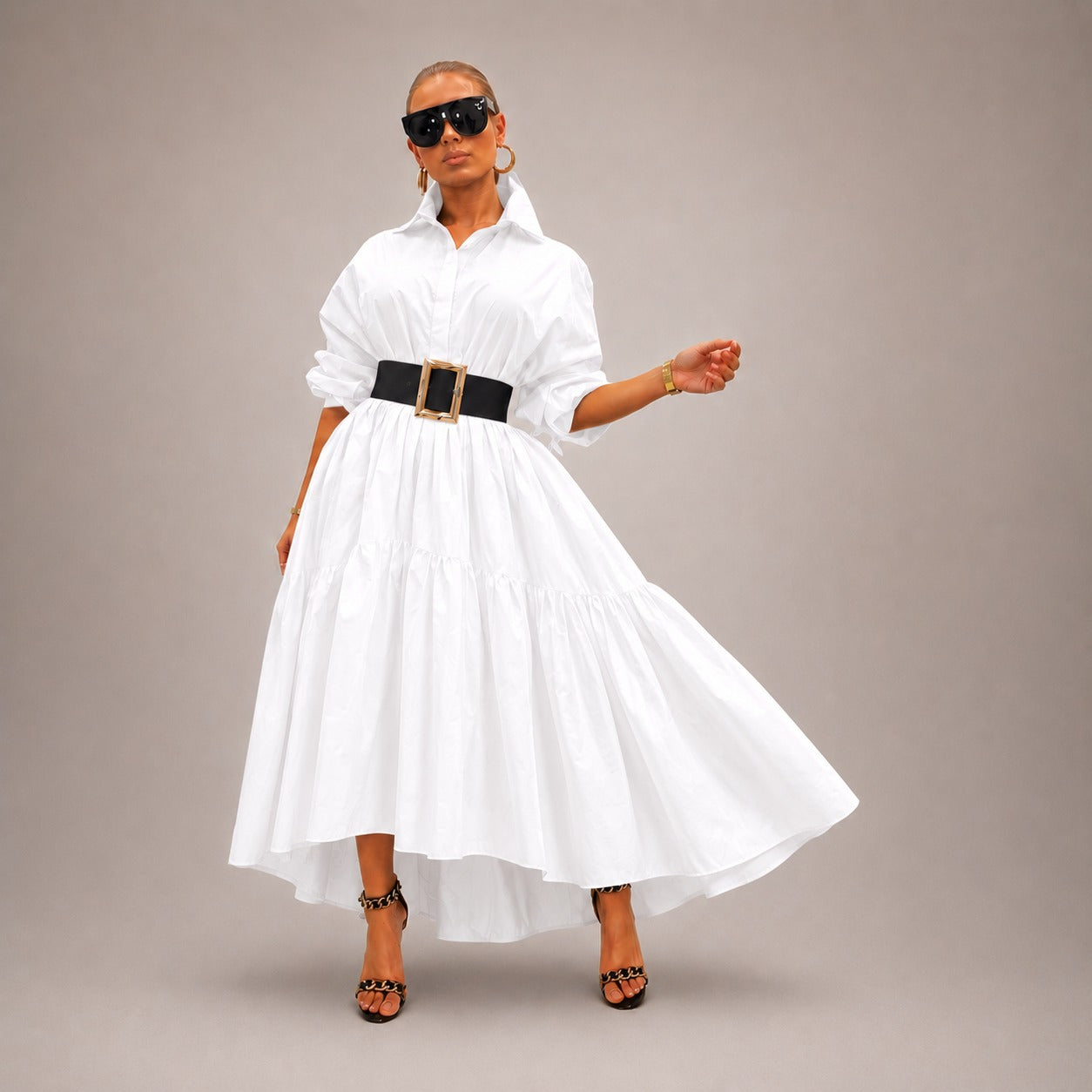 Elowen™ Dress with Collared Neckline, Wide Sleeves and Flowy Silhouette