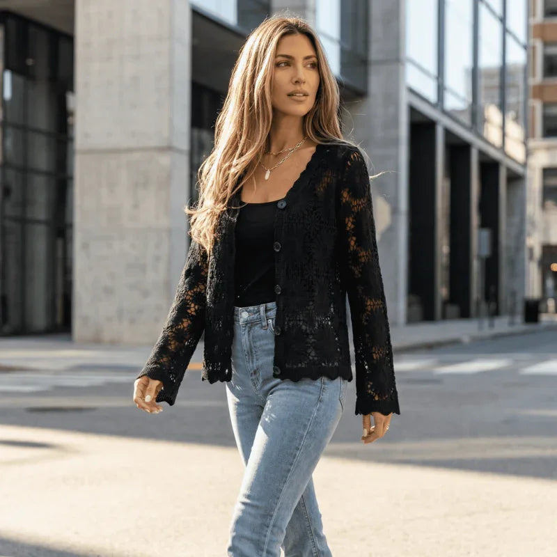 Charlotte™ Cardigan in Floral Crochet with Refined Artisan Finish