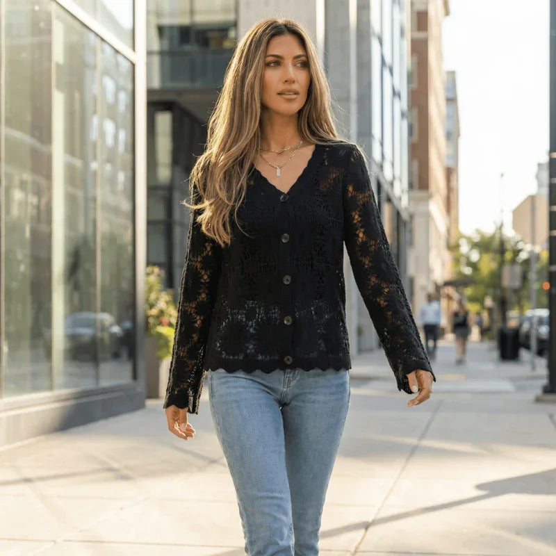 Charlotte™ Cardigan in Floral Crochet with Refined Artisan Finish