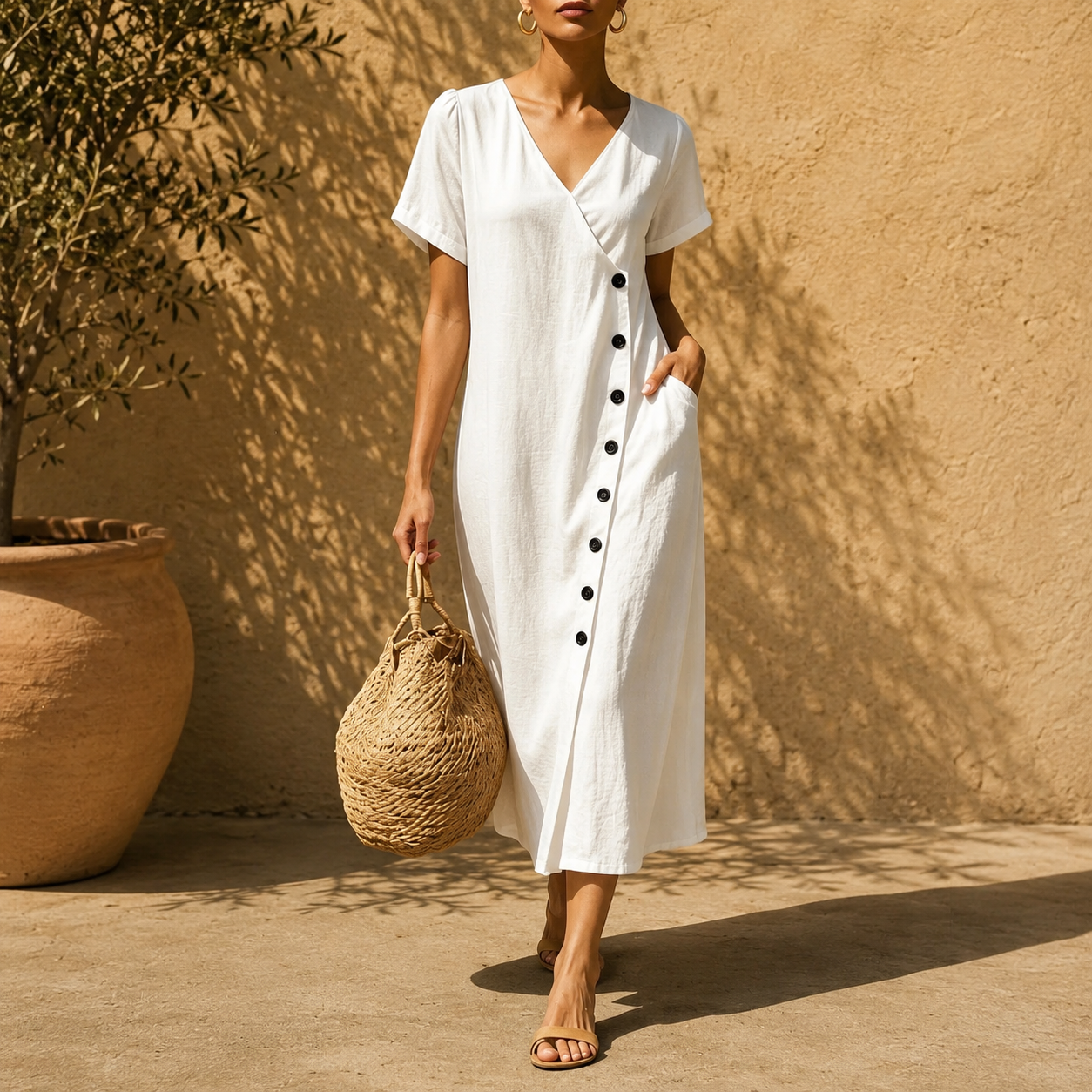 Clarisa™ V-Neck Midi Dress With Elegant Buttons