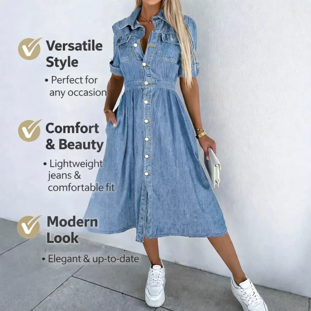 Antonelly™ Denim Shirt Dress with Defined Waist and Front Button Closure / Timeless Casual Elegance with Effortless Feminine Style