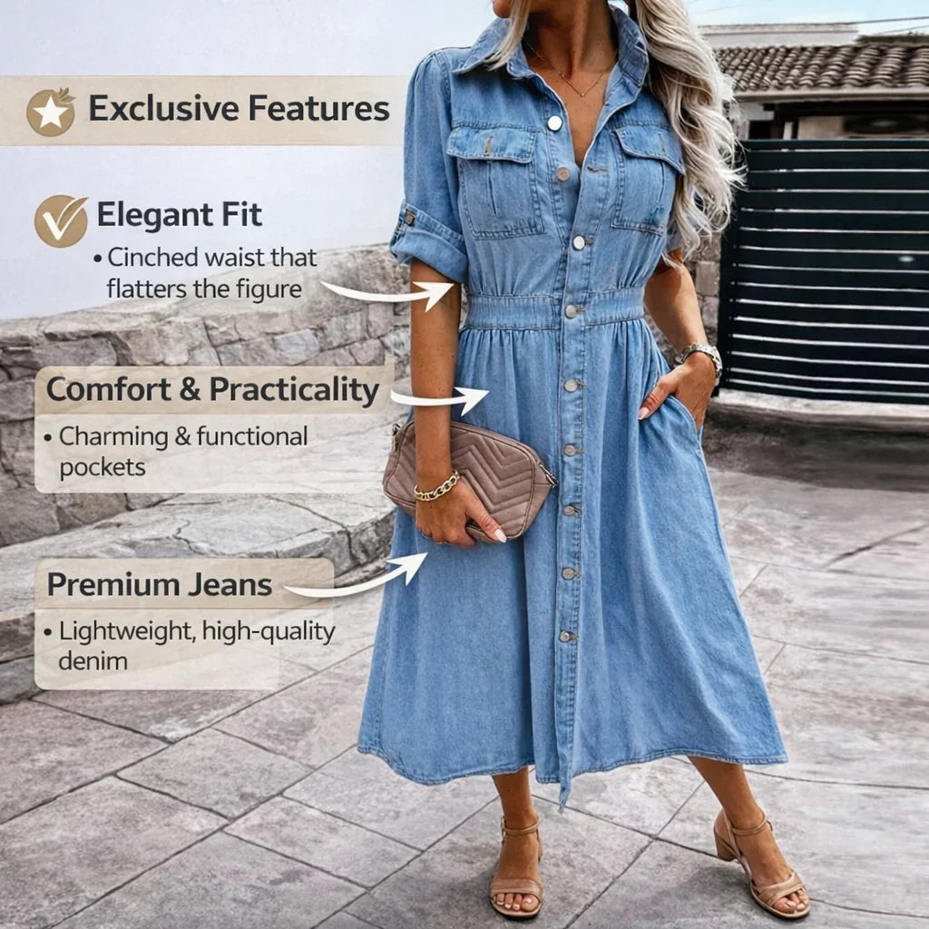 Antonelly™ Denim Shirt Dress with Defined Waist and Front Button Closure / Timeless Casual Elegance with Effortless Feminine Style