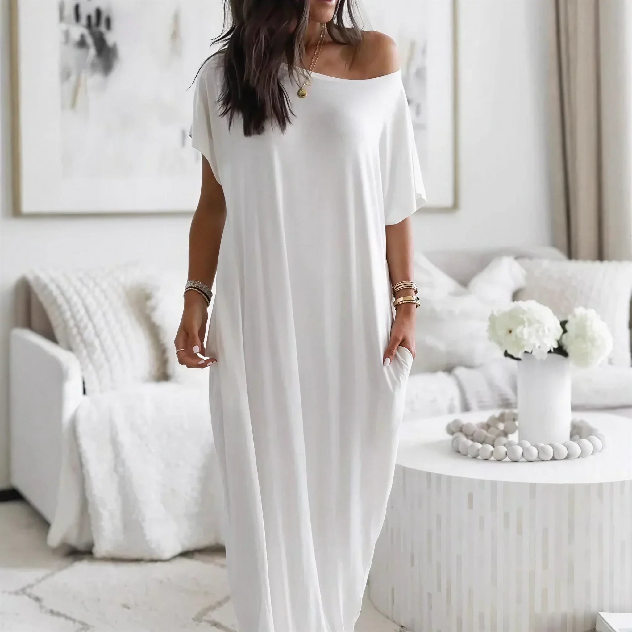 Daphne™ Maxi Dress with Wide Neckline and Side Pockets