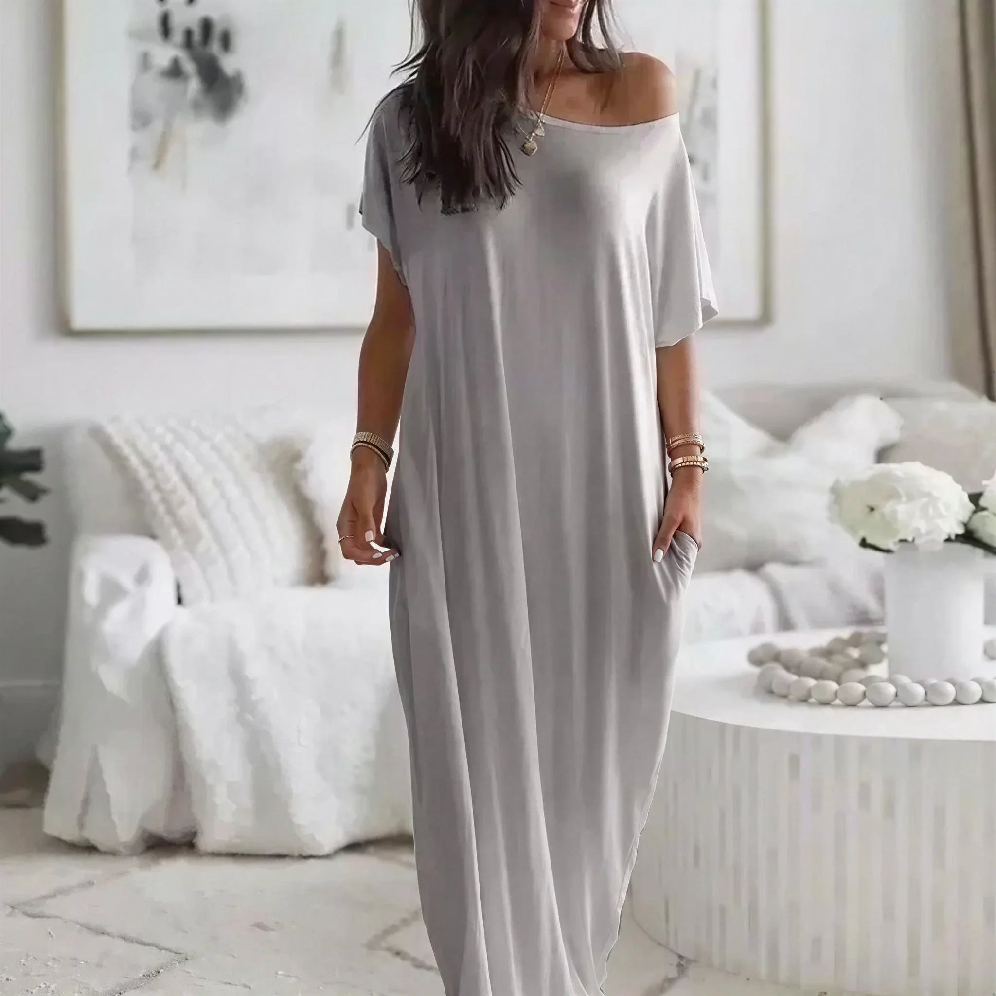 Daphne™ Maxi Dress with Wide Neckline and Side Pockets