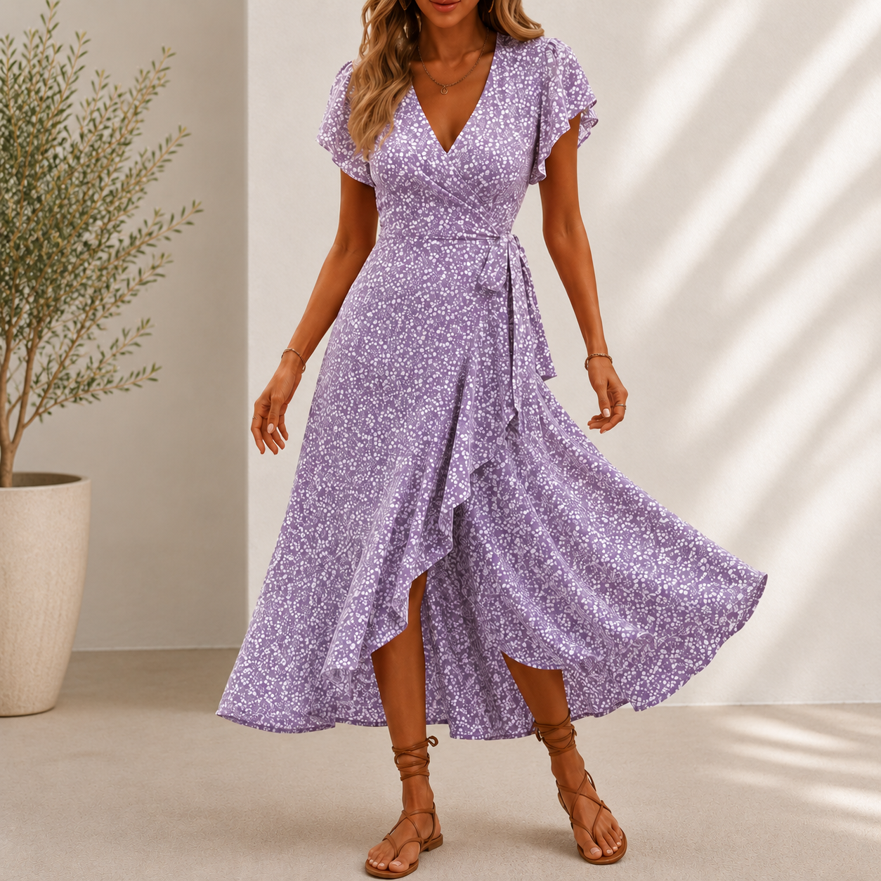 Midi Roselyn™ Dress with Floral Print, Wrap A-Line Skirt and V-Neck