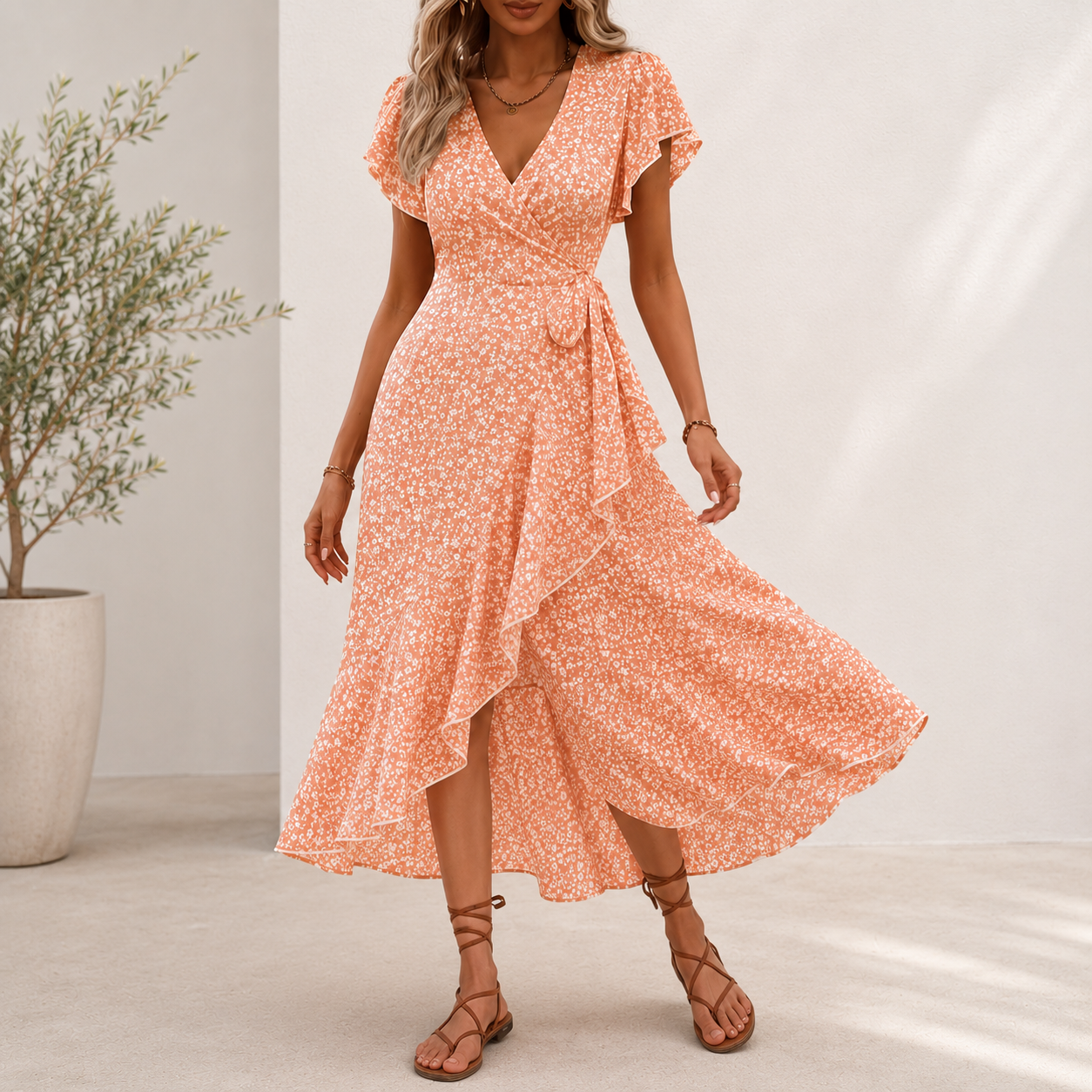 Midi Roselyn™ Dress with Floral Print, Wrap A-Line Skirt and V-Neck
