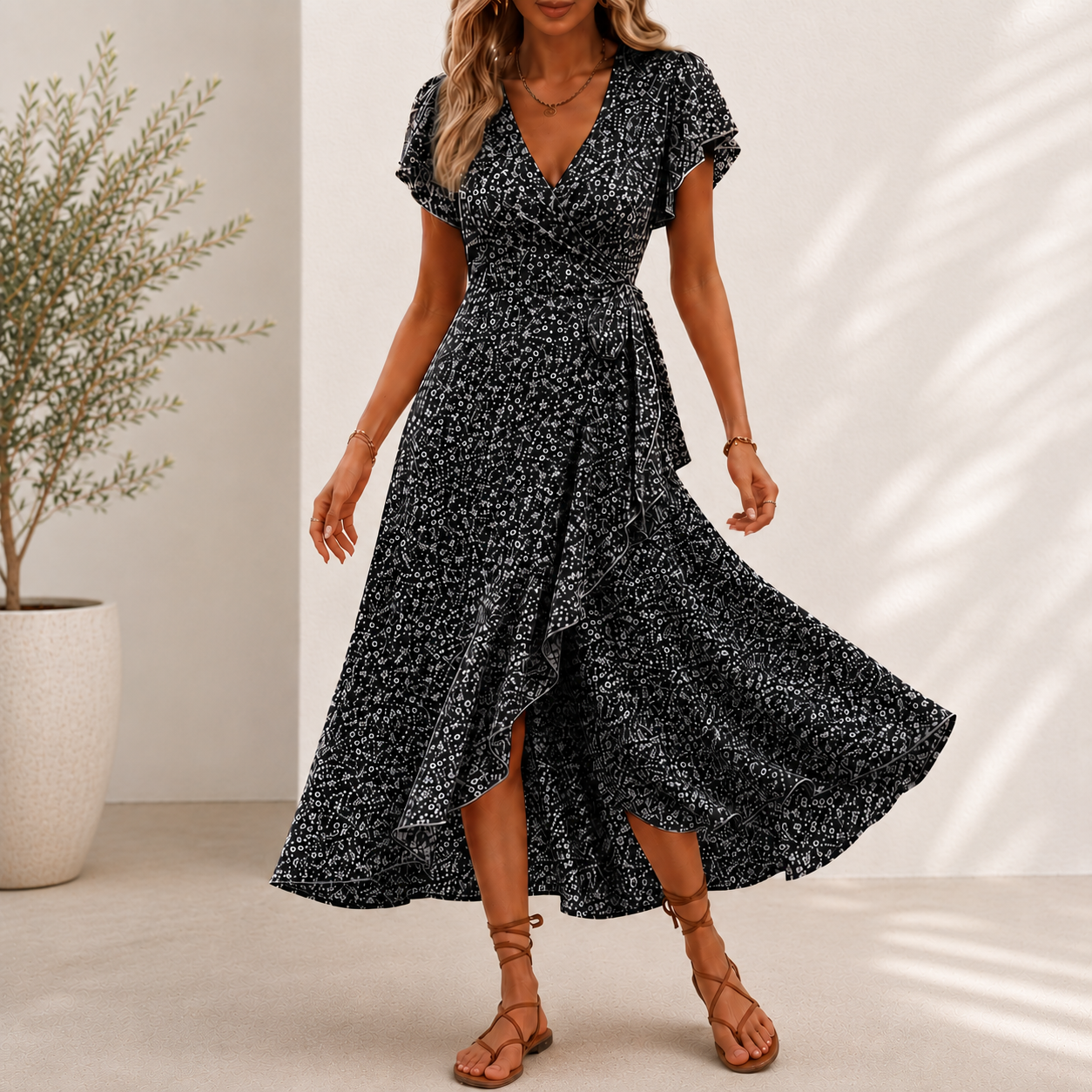 Midi Roselyn™ Dress with Floral Print, Wrap A-Line Skirt and V-Neck