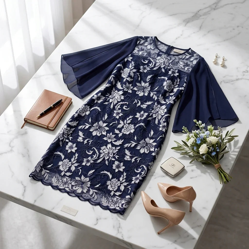 Diana™ Midi Dress with White Floral Print and Sheer Cape-Style Sleeves