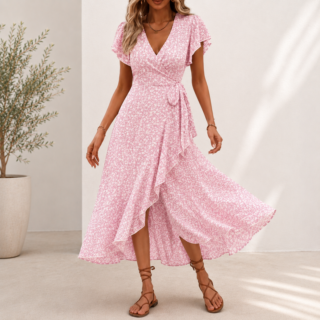 Midi Roselyn™ Dress with Floral Print, Wrap A-Line Skirt and V-Neck
