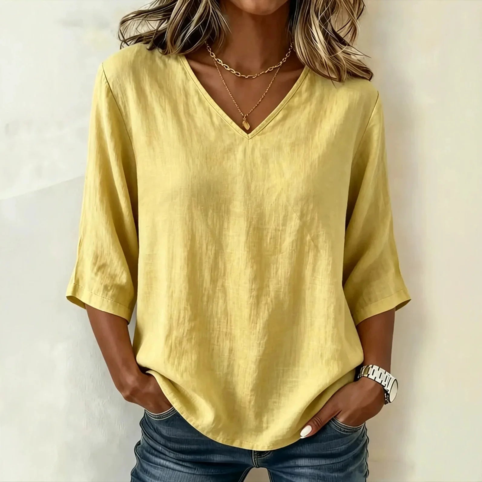 Blouse Abigail™ Cotton Linen with V-Neck and Three-Quarter Sleeves