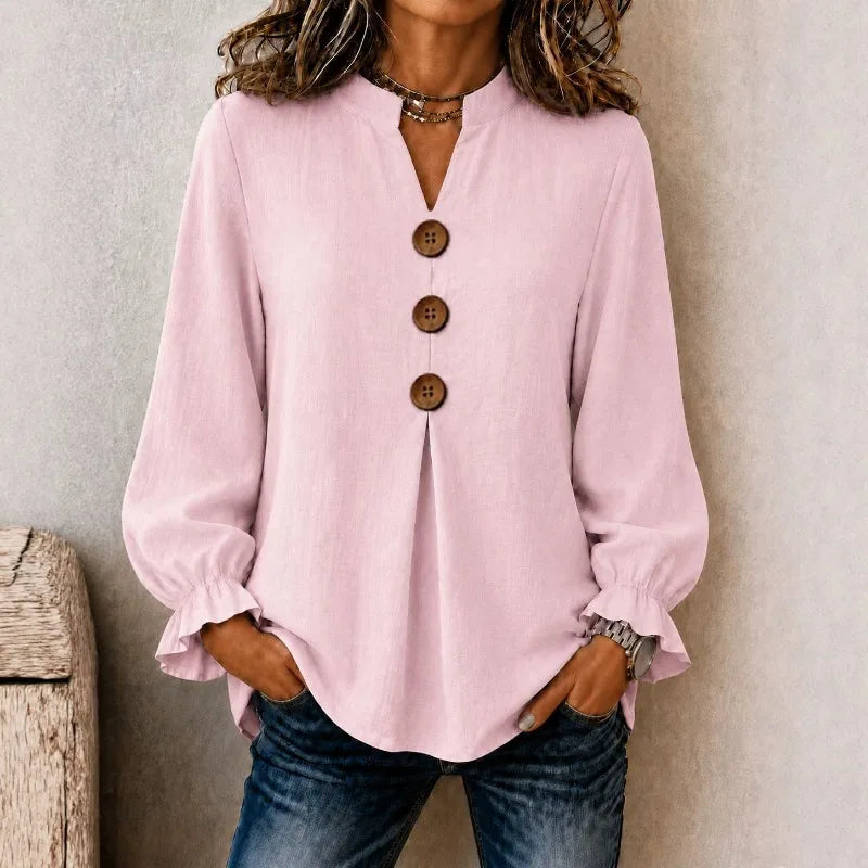 Blouse Molly™ in Linen-Cotton with Mandarin Collar, Button-Front and Ruffled Cuffs