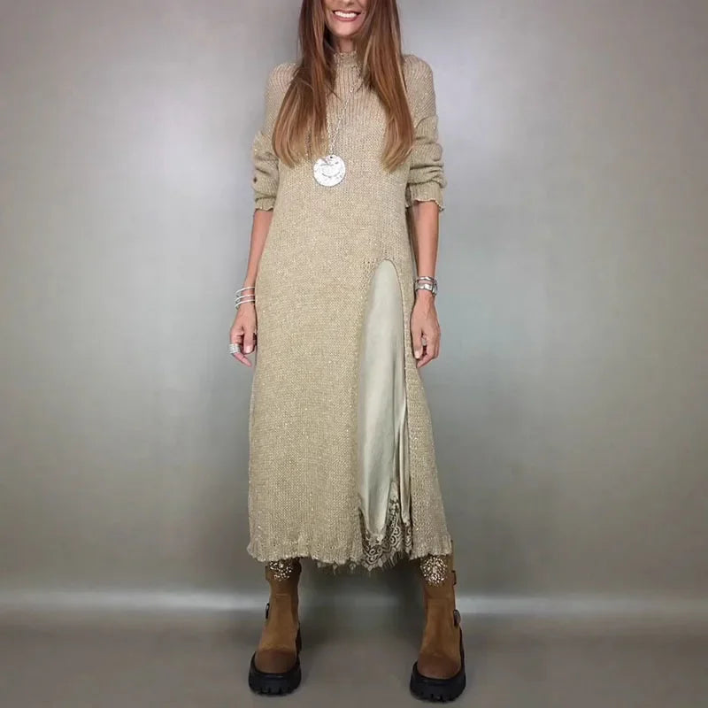 Valérie™ Set with Charming Satin Dress and Long Handcrafted Knit Sweater