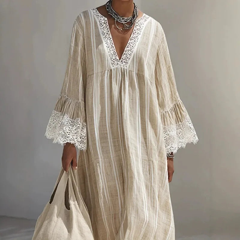 Lysandra™ Dress with Delicate Vertical Stripes and Contrast Lace Trim