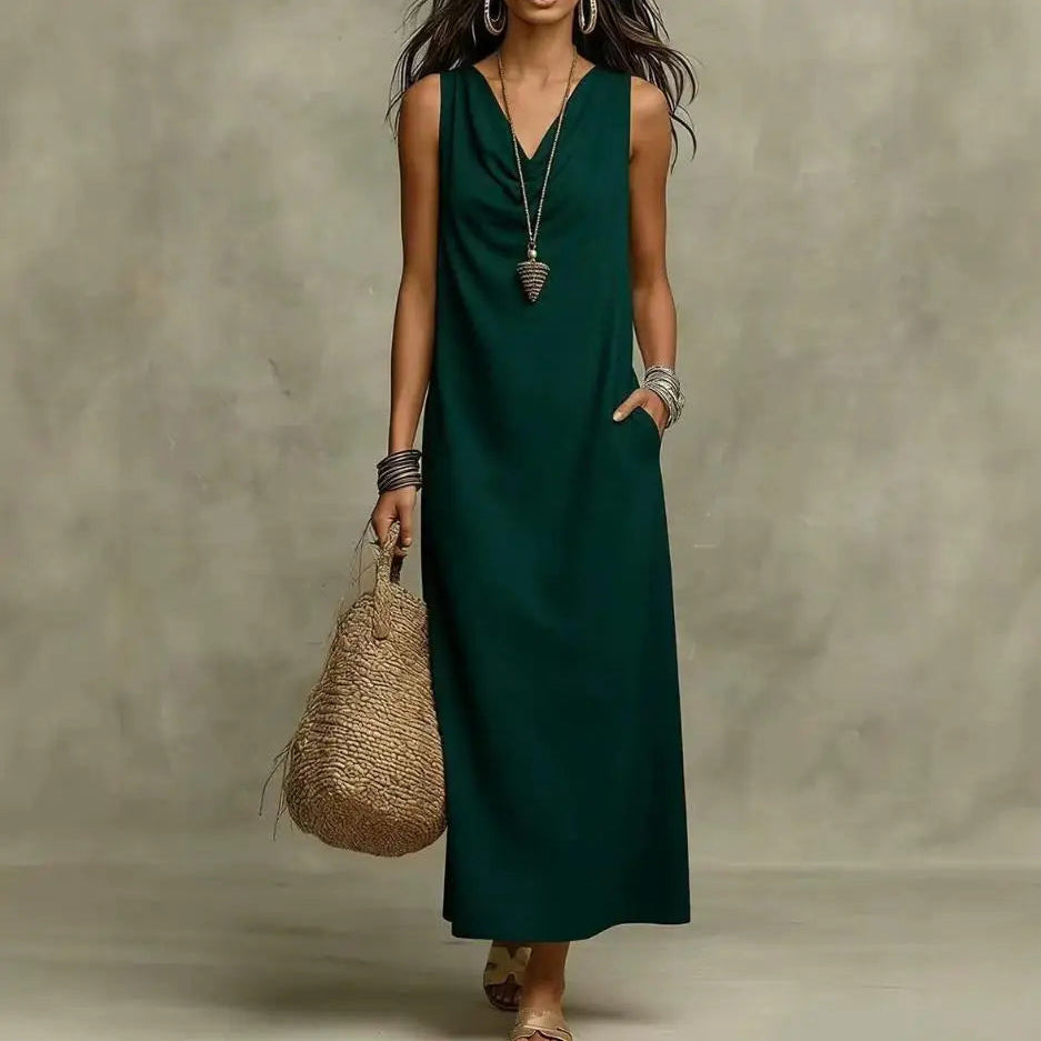Aveline™ Long Maxi Dress in Cotton-Linen with Draped Neckline and Side Pockets