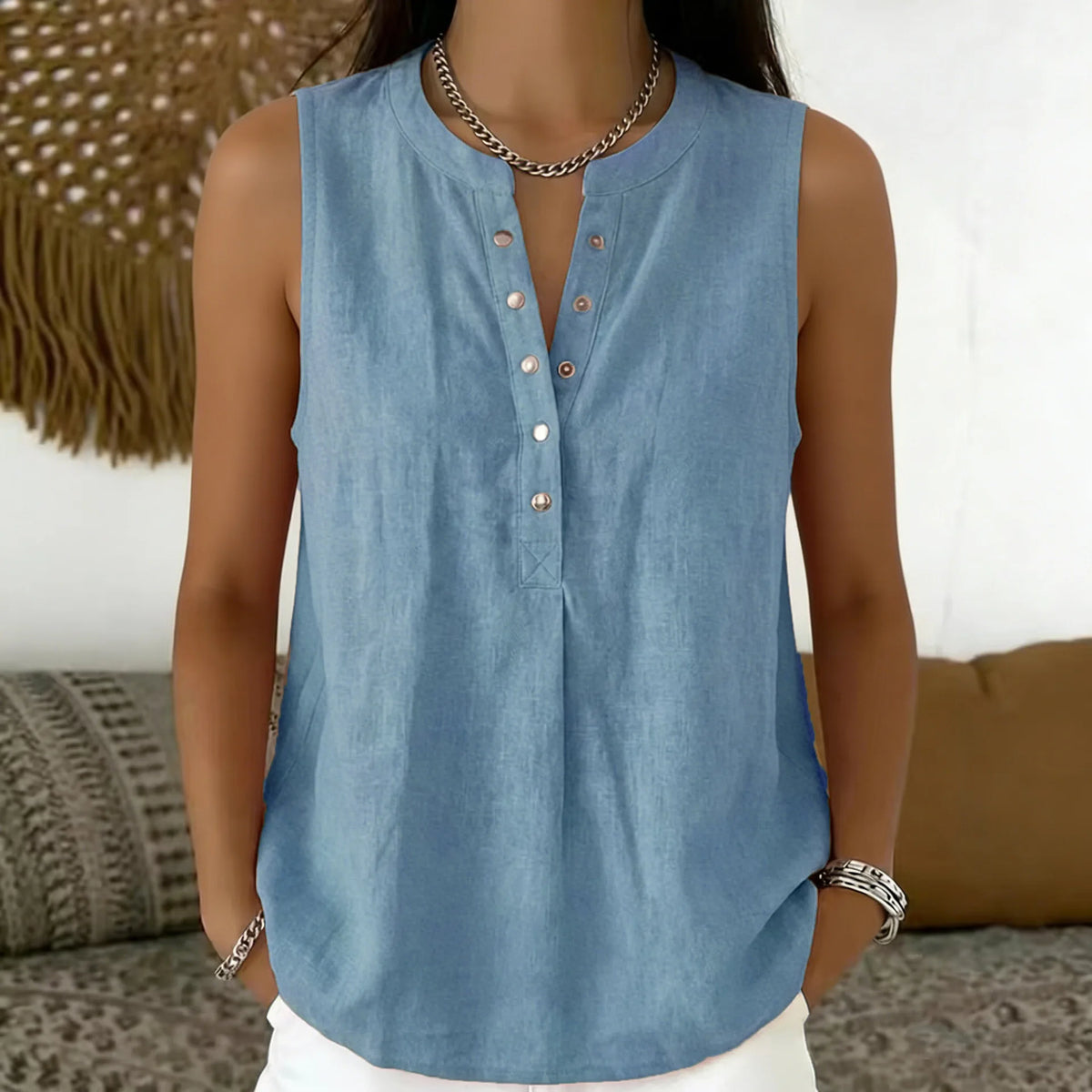 Blouse Emily™ Cotton-Linen with Round Neckline, Button-Front Detail and Sleeveless Cut