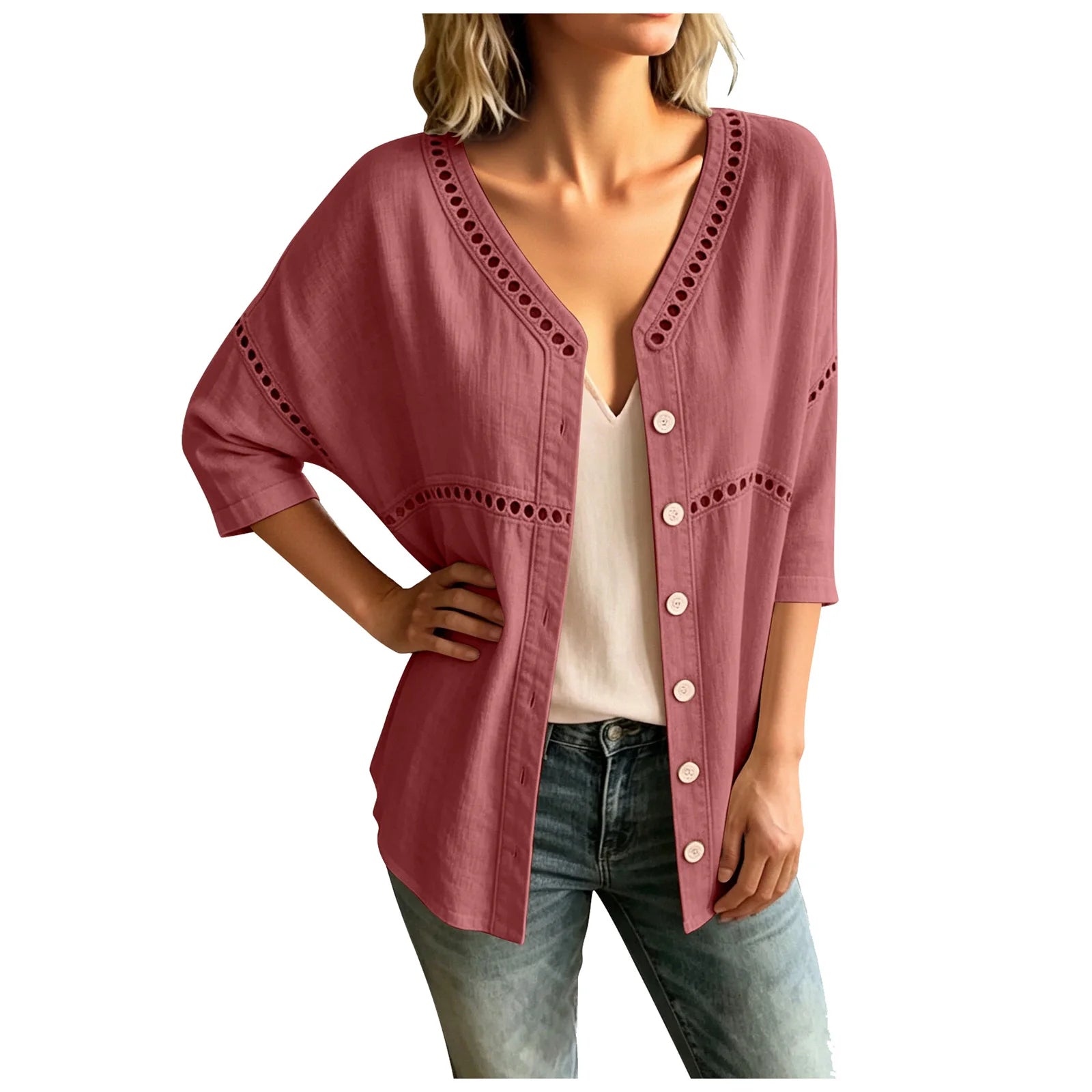 Cardigan Marelia™ Cotton-Linen, Openwork Trim and V-Neck