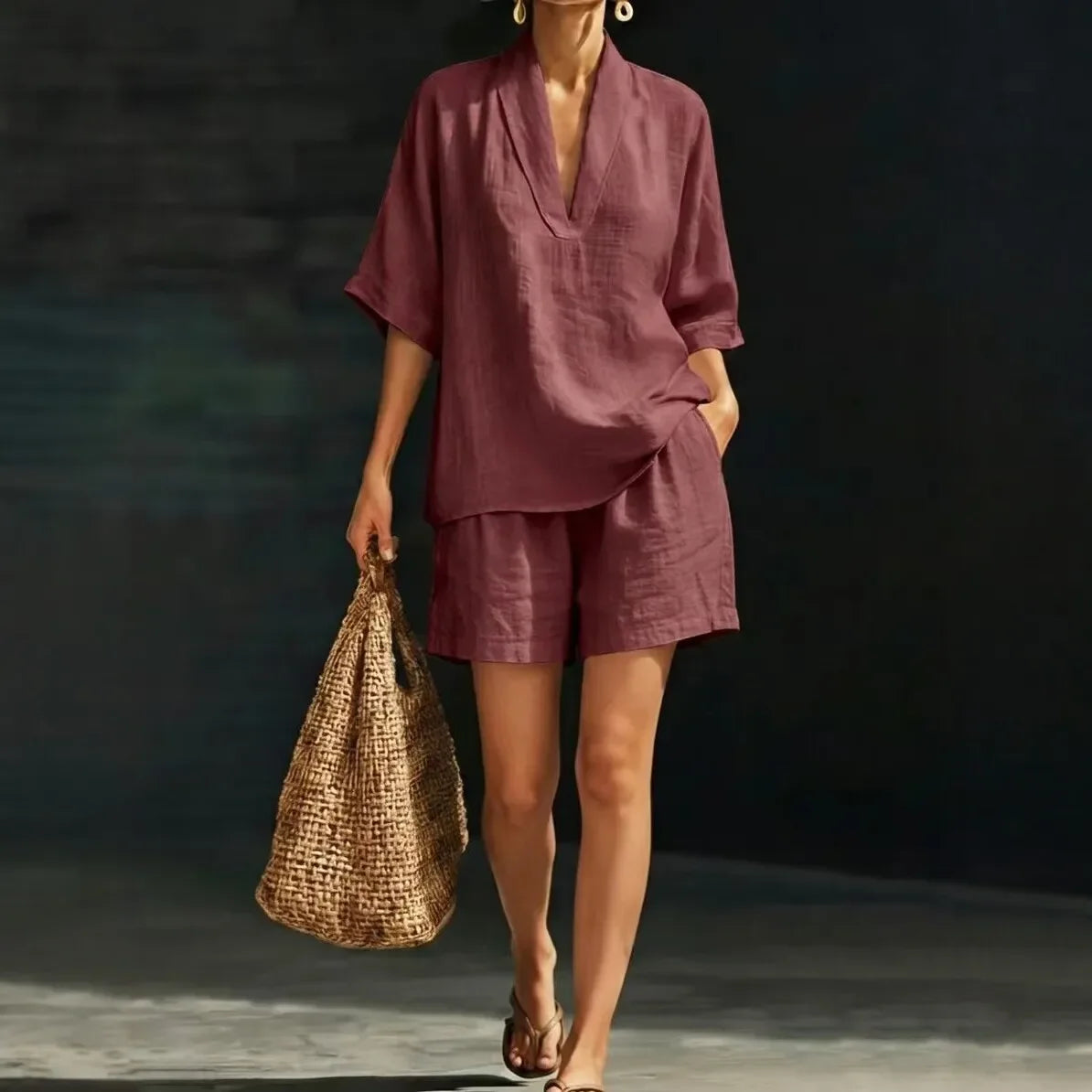 Ayla™ Cotton-Linen Set with V-Neck Blouse