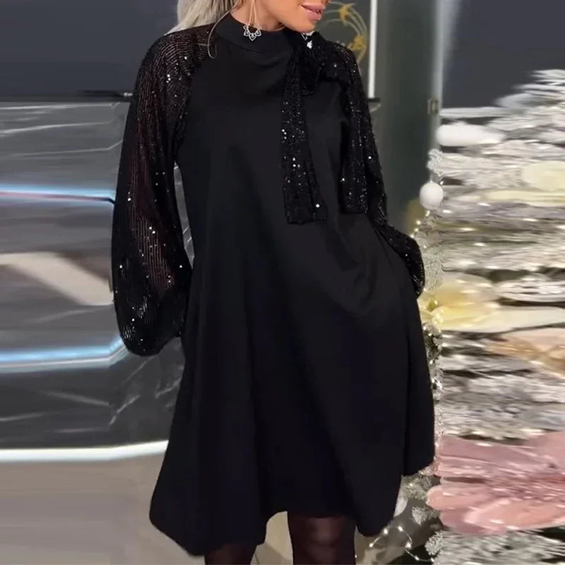 Women’s Party Dress with Sequined Sleeves and Bow Tie – Elegant Cocktail Outfit