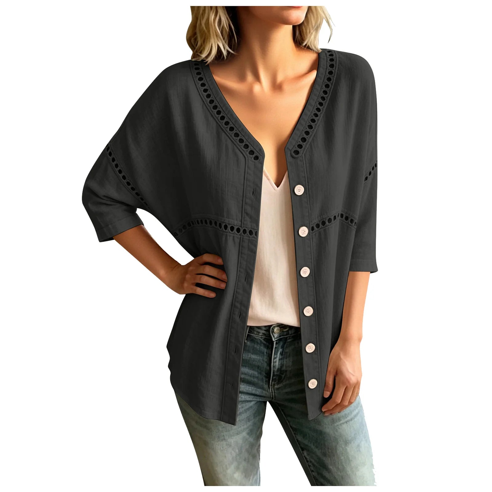 Cardigan Marelia™ Cotton-Linen, Openwork Trim and V-Neck