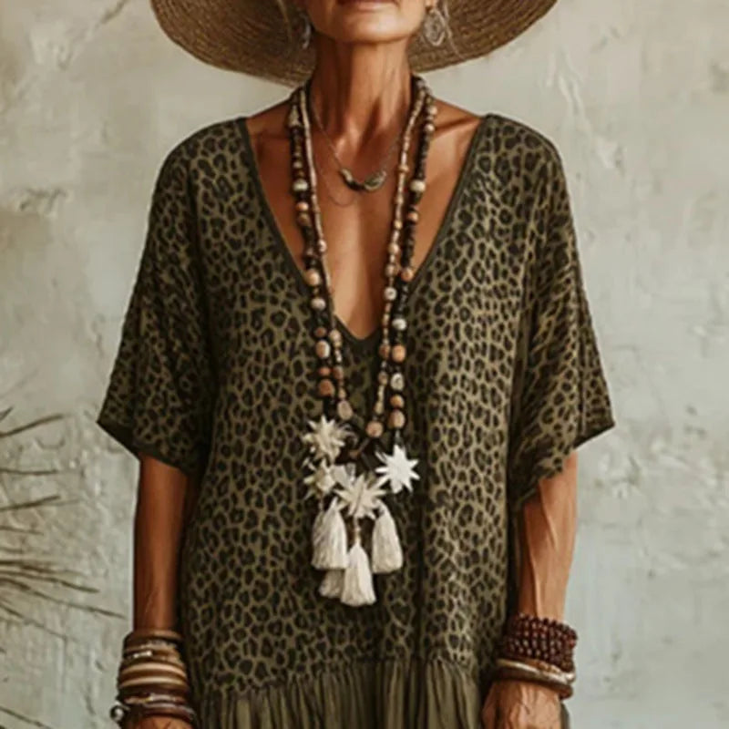 Dress Arden™ with a Deep V-Neck, Leopard Bodice and Tiered Skirt