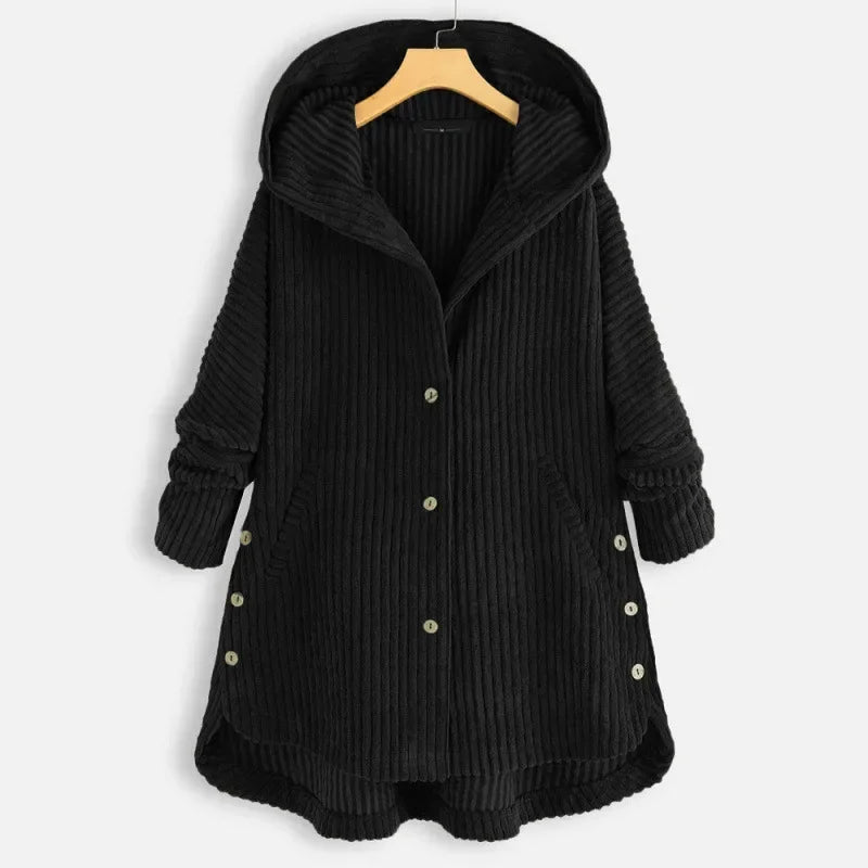 CloudWarm™ Ribbed Velvet Coat with Large Hood and Side Buttons / The Versatile Piece that Fights the Cold with Style and Practicality!