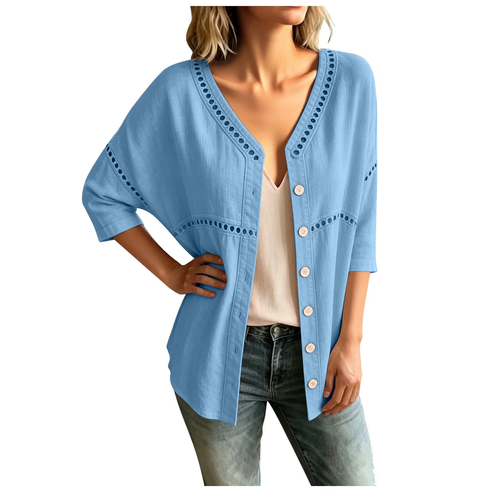 Cardigan Marelia™ Cotton-Linen, Openwork Trim and V-Neck