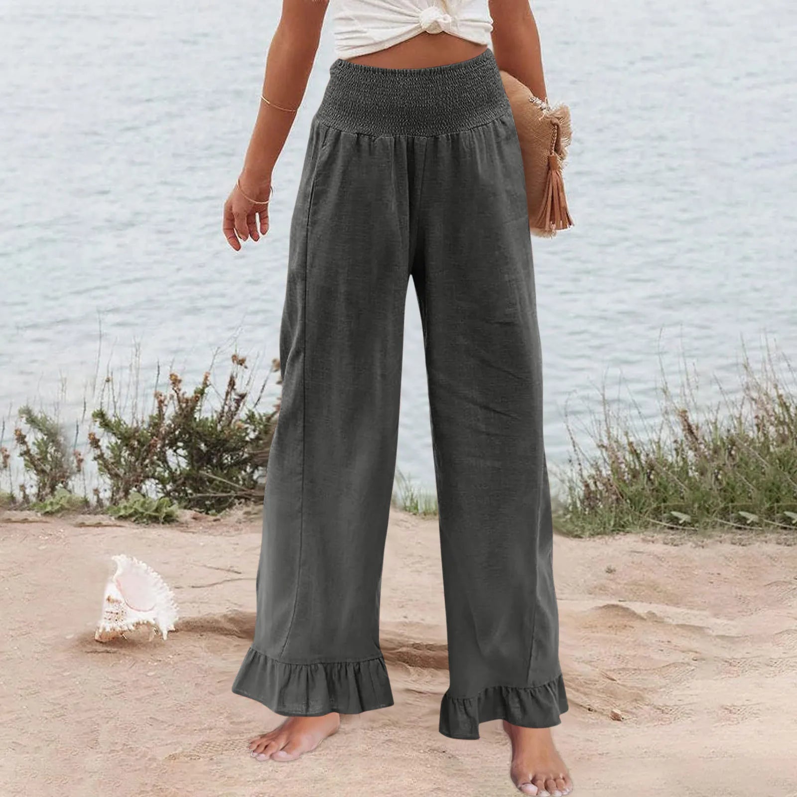Pants Selene™ with Smocked High Waist, Linen Blend and Ruffle Hem