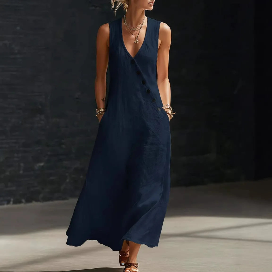 Antonella™ Midi Dress with Elegant Buttons and a V-Neckline