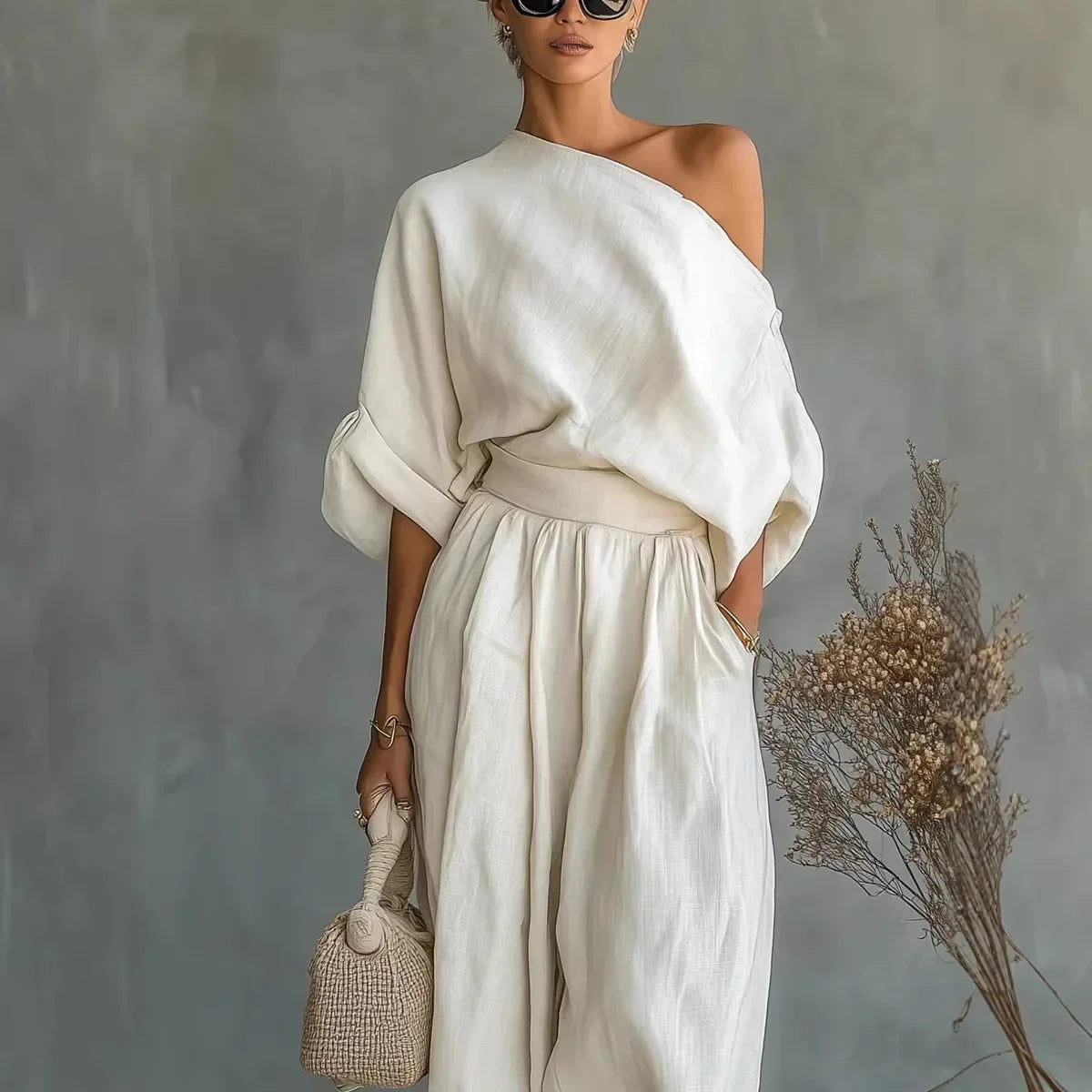 Linnea™ Set with One-Shoulder Top and High-Waisted Pants with Cuffed Hem