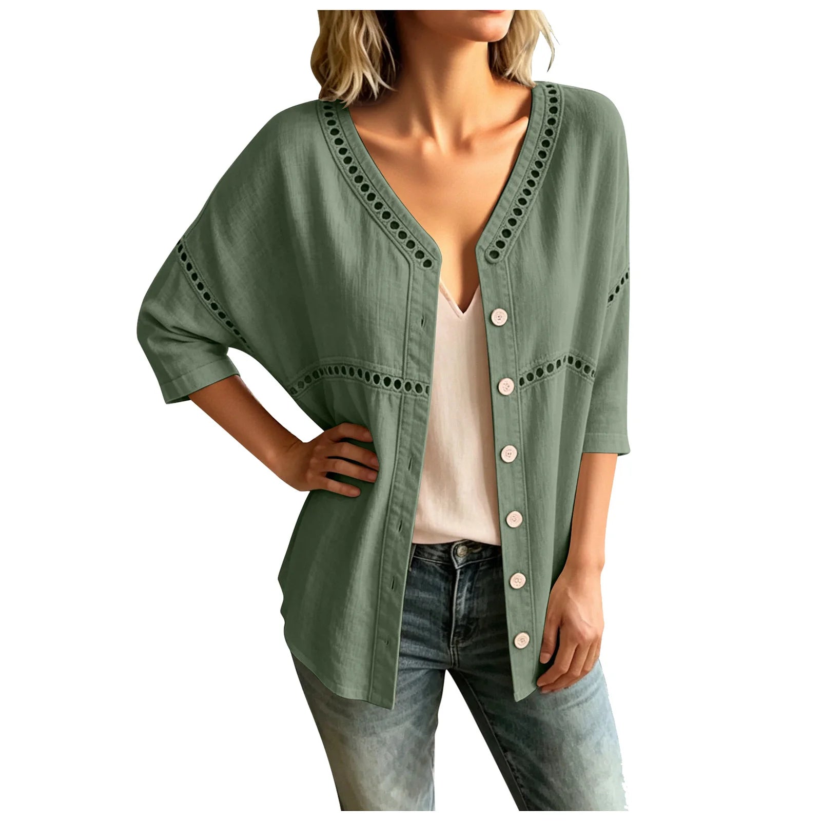 Cardigan Marelia™ Cotton-Linen, Openwork Trim and V-Neck