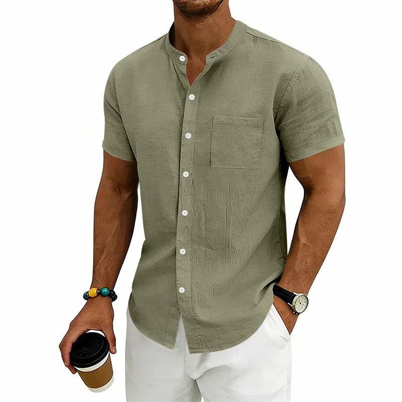 Montese™ Linen Cotton Shirt With Mandarin Collar