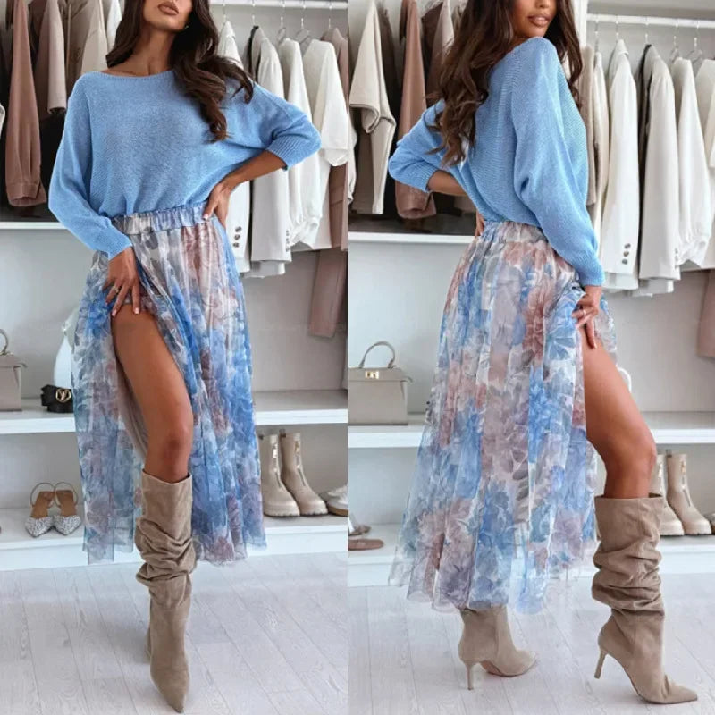 Sky of Lis Set™ with Blue Knit and Flowing Floral Skirt / The Expression of Femininity with Soft Elegance!
